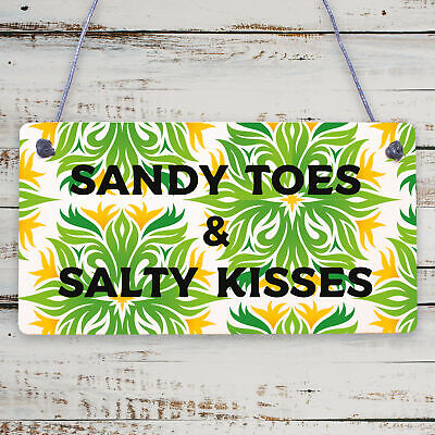 Sandy Toes & Salty Kisses Nautical Seaside Theme Hanging Plaque Bathroom Sign