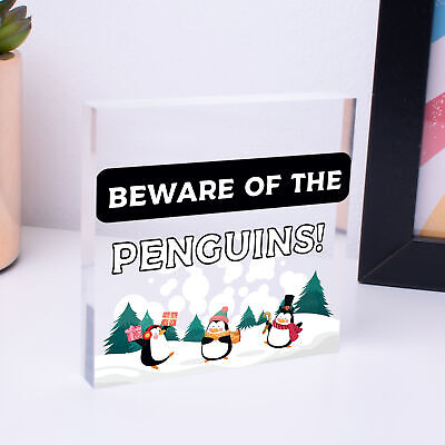 Beware Of The Penguins Funny Wooden Hanging Shabby Chic Plaque Penguin Sign Gift