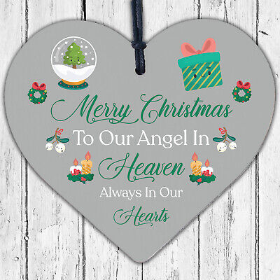 Merry Christmas Angel Heaven Wooden Hanging Heart Memorial Plaque Tree Decor