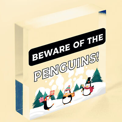 Beware Of The Penguins Funny Wooden Hanging Shabby Chic Plaque Penguin Sign Gift