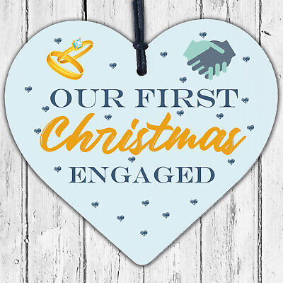 First Christmas Engaged Wooden Xmas Tree Decoration Heart Bauble Fiance Gift
