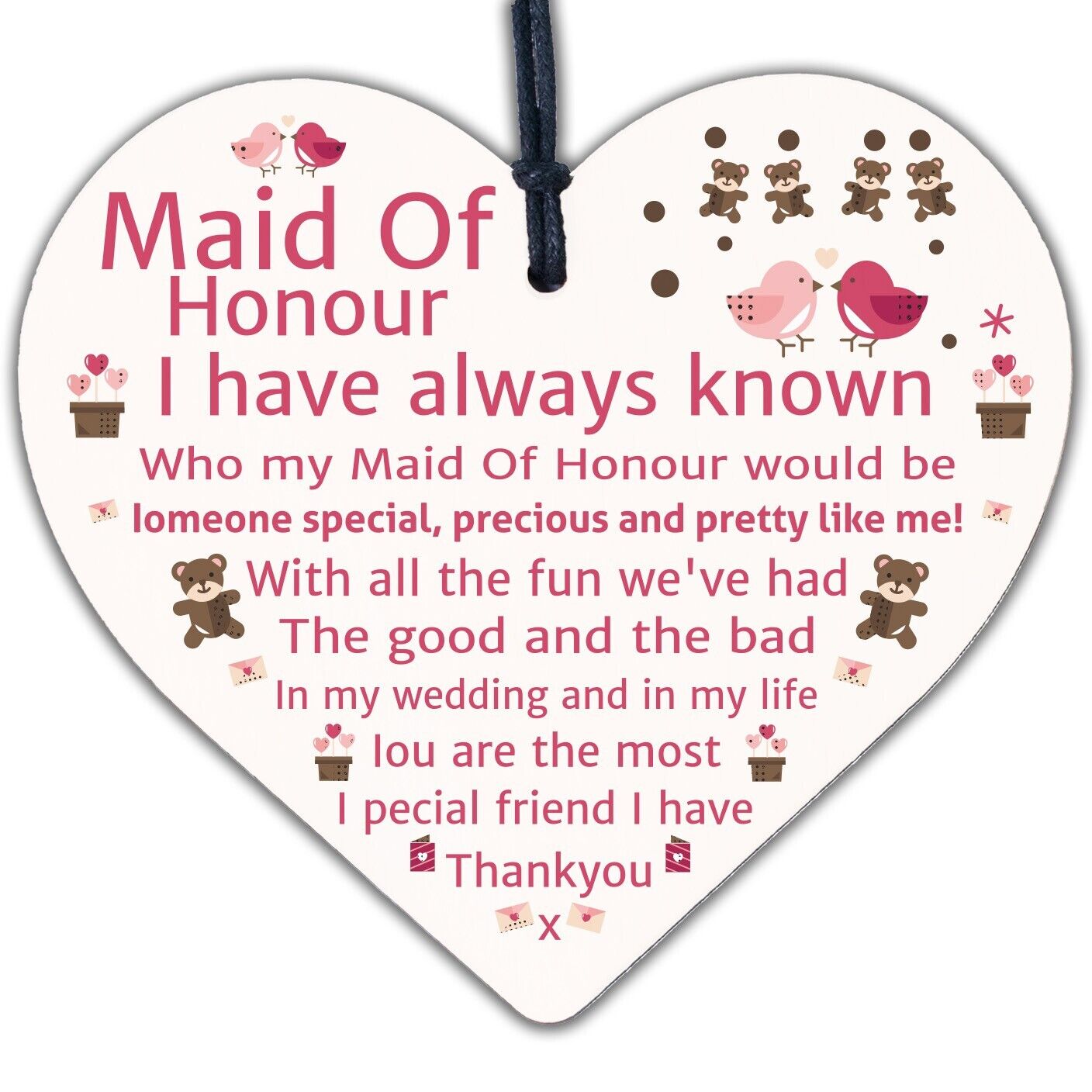 Thankyou Maid Of Honour Wooden Heart Wedding Keepsake Bestfriend Bride Gift Sign