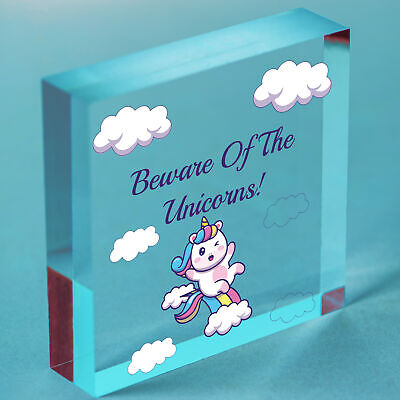 Beware Of The Unicorns Novelty Wooden Hanging Heart Plaque Shabby Chic Gift Sign