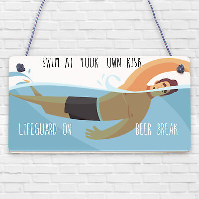 Funny Swim At Own Risk Hot Tub Pool Party Garden Shed Alcohol Plaque Wall Sign