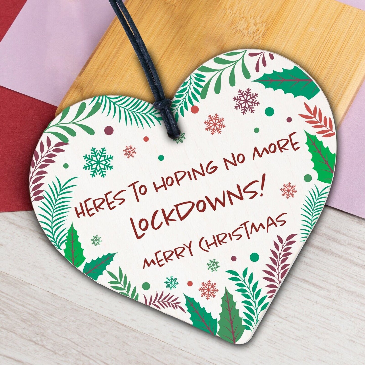 Christmas Year Of The Lockdown Wood Heart Tree Decoration Hanging Bauble Gift