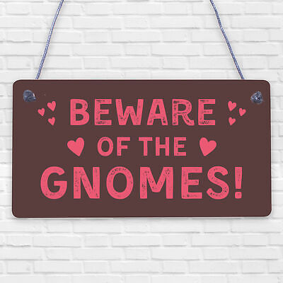 Beware Of The Gnomes Novelty Wooden Hanging Shabby Chic Plaque Garden Sign Gift