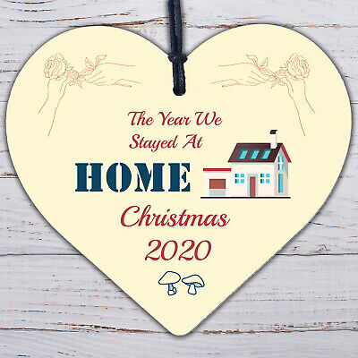 Year We Stayed At Home Christmas Tree Bauble Wood Heart Lockdown Family Gift