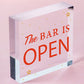 Novelty The Bar Is Open Plaque Home Bar Man Cave Alcohol Beer Vodka Gin Sign