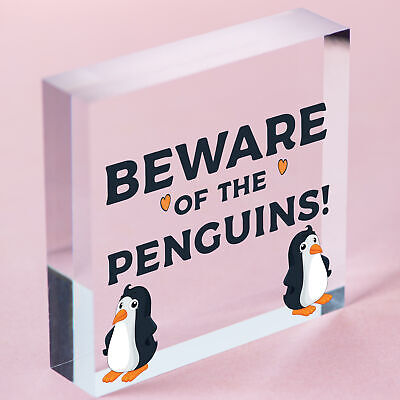 Beware Of The Penguins Funny Wooden Hanging Shabby Chic Plaque Penguin Sign Gift