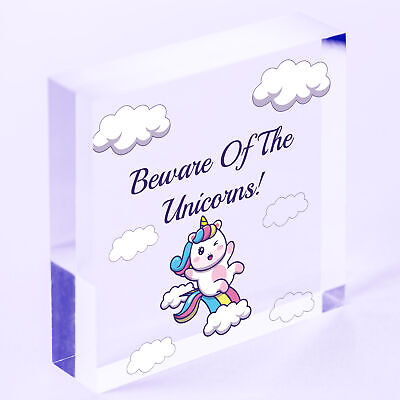 Beware Of The Unicorns Novelty Wooden Hanging Heart Plaque Shabby Chic Gift Sign