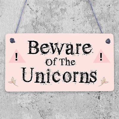 Beware Of The Unicorns Novelty Wooden Hanging Shabby Chic Plaque Unicorn Sign