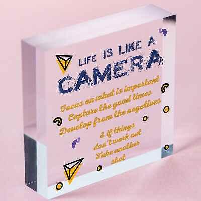 Life is Like A Camera Plaque Gift Wood Heart Motivational Friend Colleague Signs