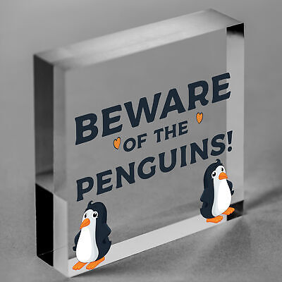 Beware Of The Penguins Funny Wooden Hanging Shabby Chic Plaque Penguin Sign Gift