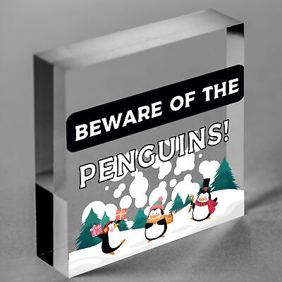 Beware Of The Penguins Funny Wooden Hanging Shabby Chic Plaque Penguin Sign Gift