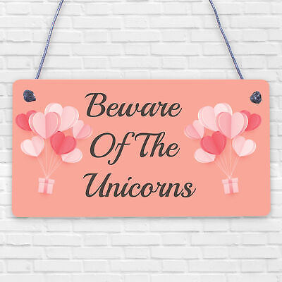 Beware Of The Unicorns Novelty Wooden Hanging Shabby Chic Plaque Unicorn Sign