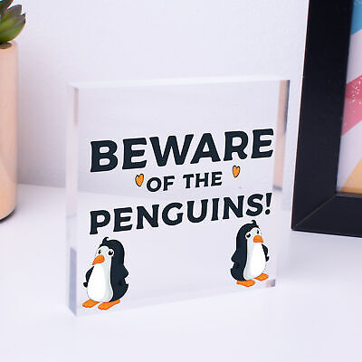 Beware Of The Penguins Funny Wooden Hanging Shabby Chic Plaque Penguin Sign Gift