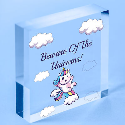 Beware Of The Unicorns Novelty Wooden Hanging Heart Plaque Shabby Chic Gift Sign