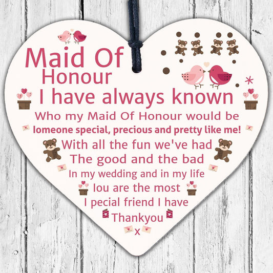 Thankyou Maid Of Honour Wooden Heart Wedding Keepsake Bestfriend Bride Gift Sign