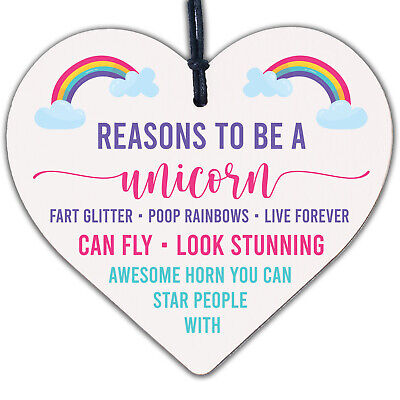 Reasons To Be A Unicorn Novelty Wooden Hanging Heart Shabby Chic Friendship Gift