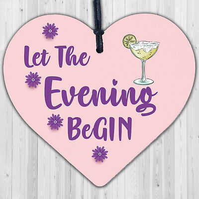 Fun Vintage Let The Evening BeGIN - Gin & Tonic Wood Hanging Heart Sign Gift Bar