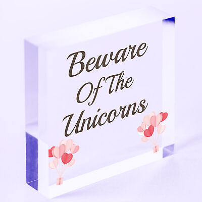 Beware Of The Unicorns Novelty Wooden Hanging Shabby Chic Plaque Unicorn Sign