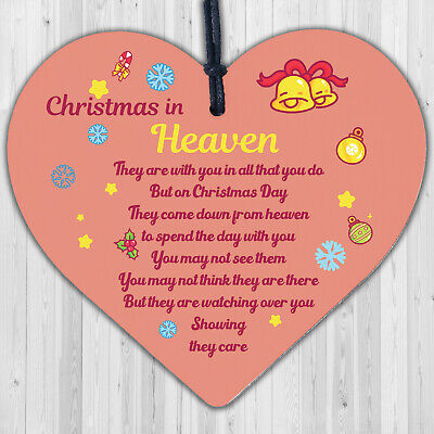 Christmas In Heaven Xmas Tree Decoration Memorial Quote Wood Heart Plaque Poem