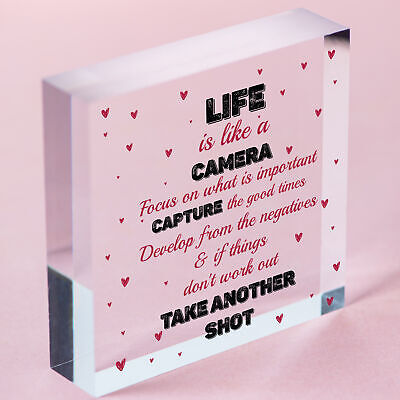 Life is Like A Camera Plaque Gift Wood Heart Motivational Friend Colleague Signs