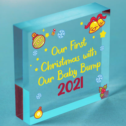 Our First Christmas With Bump Bauble Wood Heart New Baby Mum Dad Gift Free-Standing Block