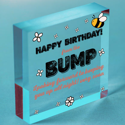 Happy Birthday From Bump Wooden Heart Dad Mum Funny Card Pregnancy Baby Gift Free-Standing Block