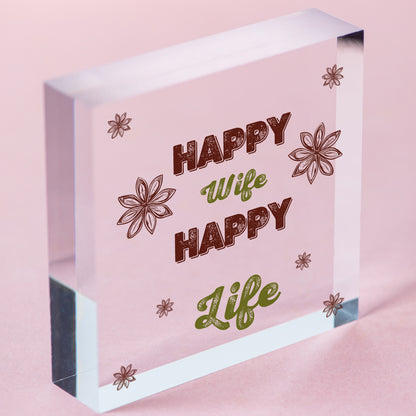 Happy Wife Happy Life Novelty Wooden Hanging Heart Love Plaque Anniversary Gift Free-Standing Block