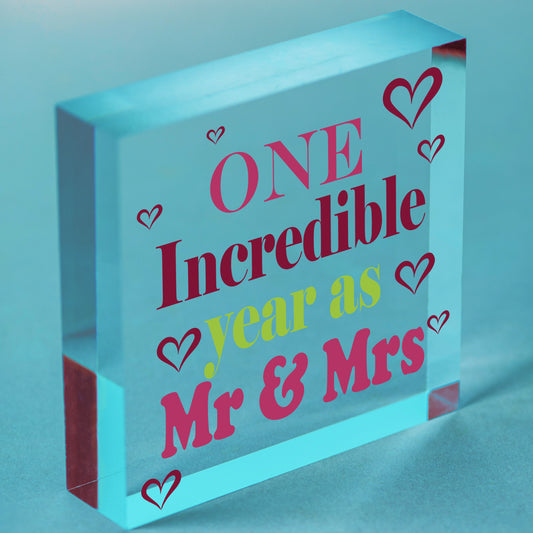 1st Wedding Anniversary Gift Wooden Heart Mr And Mrs One Year Anniversary Gift Free-Standing Block