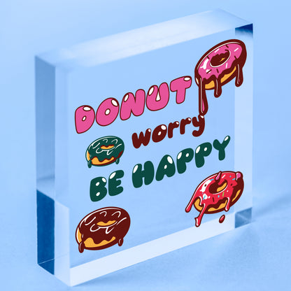 Donut Worry Be Happy Wood Heart Friendship Gift Sprinkles Pink Pop Art Hanging Free-Standing Block