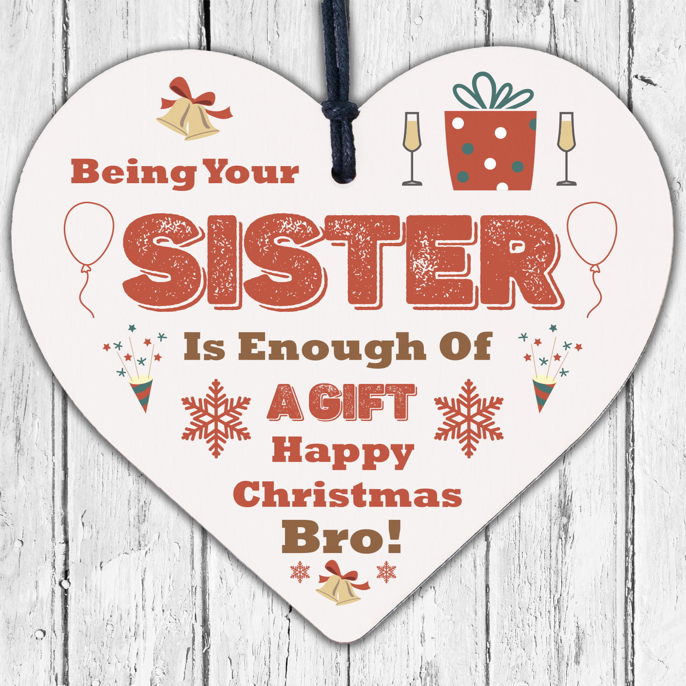 Brother Christmas Gift Funny Novelty Wooden Heart Gift From Sister Big Brother