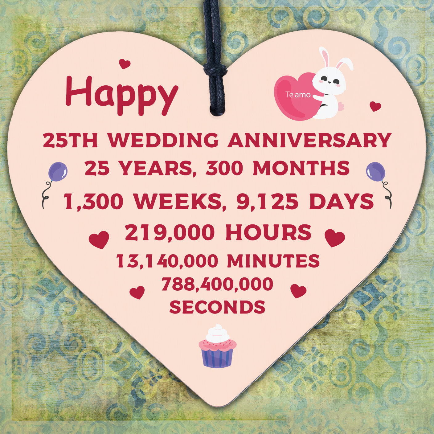 Happy 25th Wedding Anniversary Card Gift Heart Twenty Five Years Husband Wife