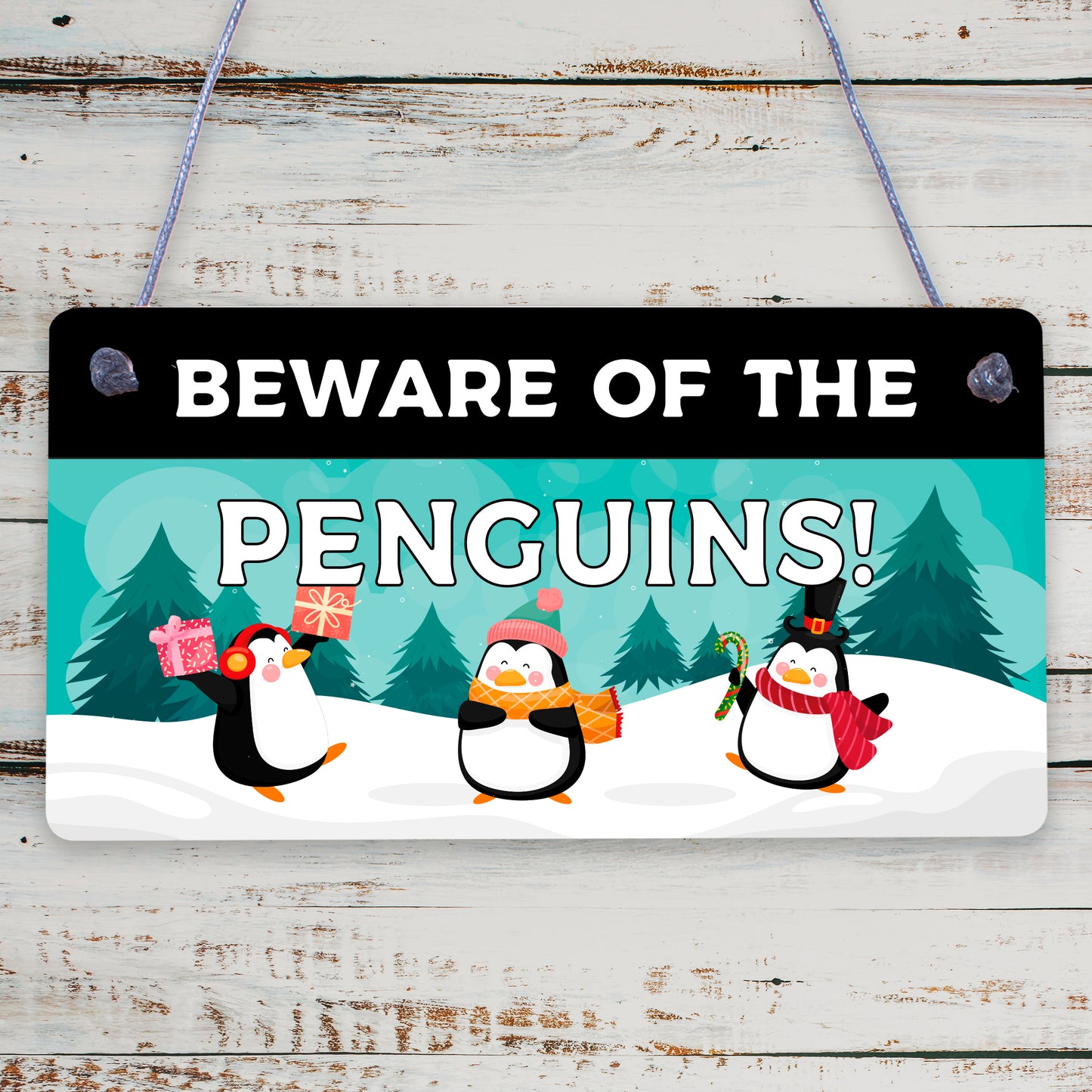 Beware Of The Penguins Funny Wooden Hanging Shabby Chic Plaque Penguin Sign Gift