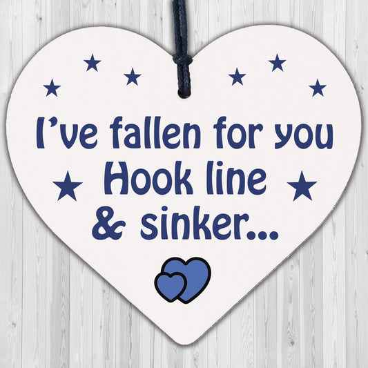 Fallen For You Hook Line Sinker Wooden Hanging Heart Valentines Day Love Plaque