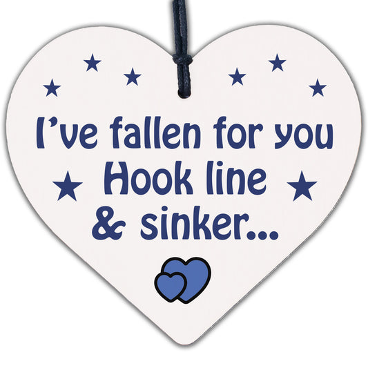 Fallen For You Hook Line Sinker Wooden Hanging Heart Valentines Day Love Plaque