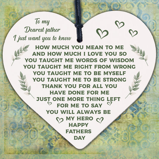 My Dearest Father FATHERS DAY Dad Daddy Wooden Hanging Heart Sign Gift For Him