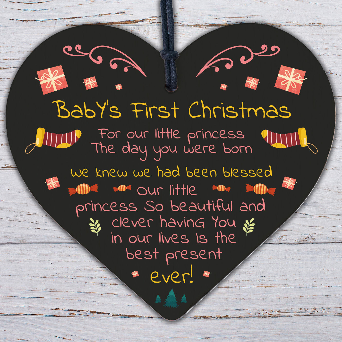 Baby's First Christmas Wooden Heart Bauble Tree Decoration Gift For Daughter