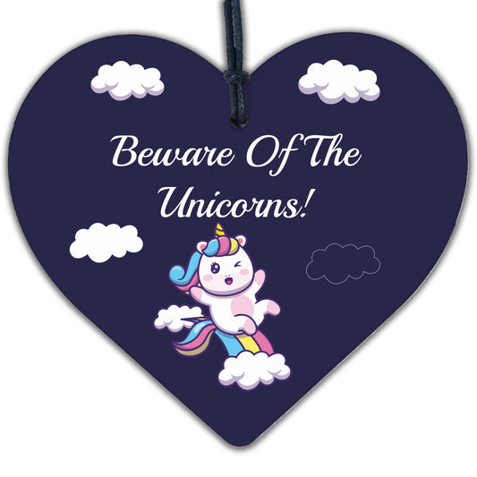 Beware Of The Unicorns Novelty Wooden Hanging Heart Plaque Shabby Chic Gift Sign