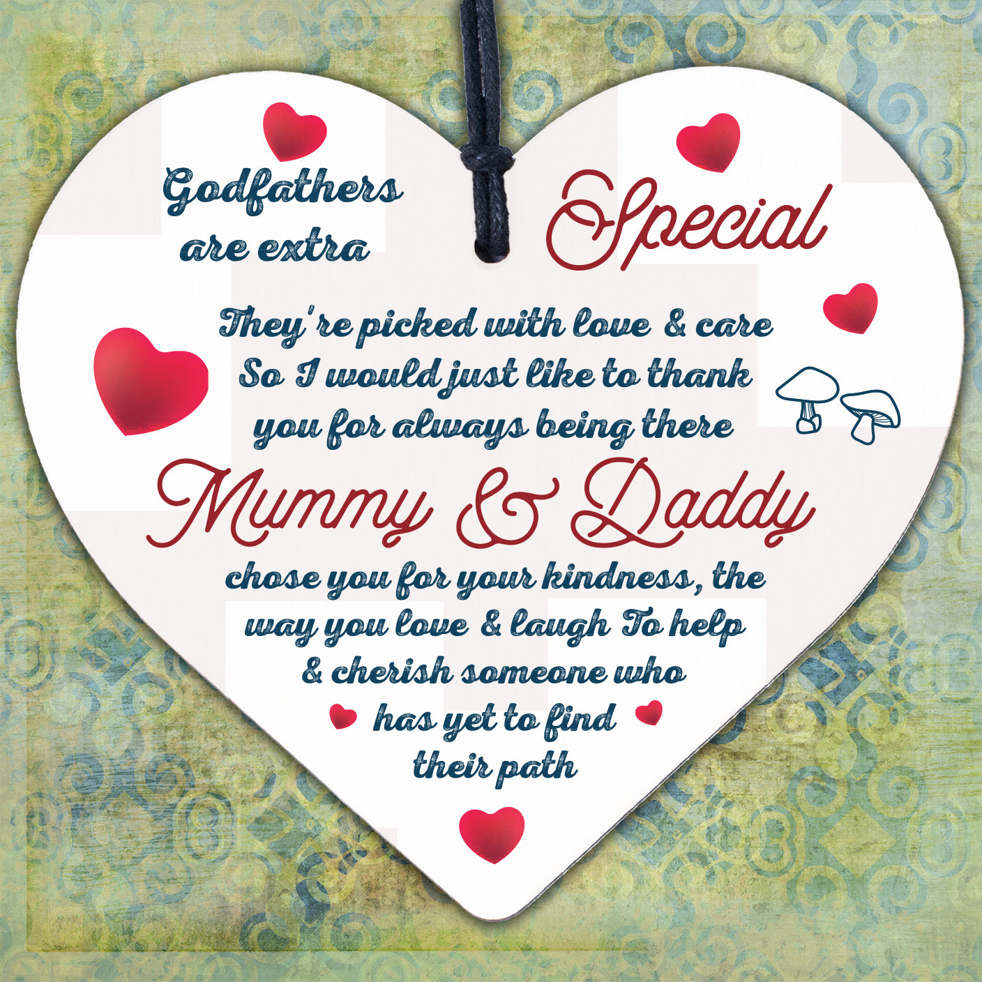 Godparents Wood Heart Godmother Godfather Gift Novelty Christening Card Keepsake