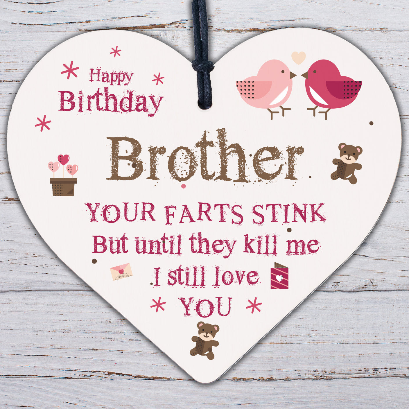 Love You Funny Happy Birthday Card Wooden Heart Brother Birthday Gift Thank You