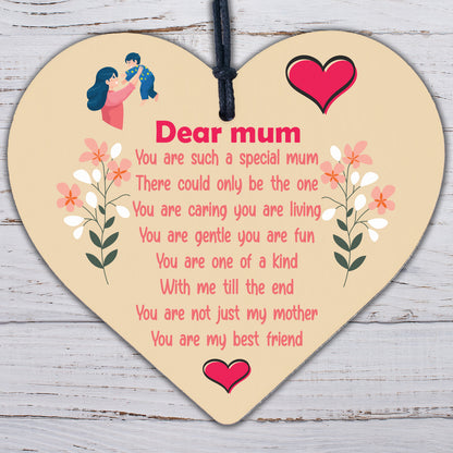 Dear Mum Wooden Hanging Heart Mothers Day Gifts Sign Present for Mum