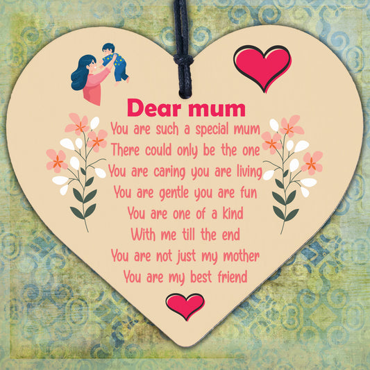 Dear Mum Wooden Hanging Heart Mothers Day Gifts Sign Present for Mum