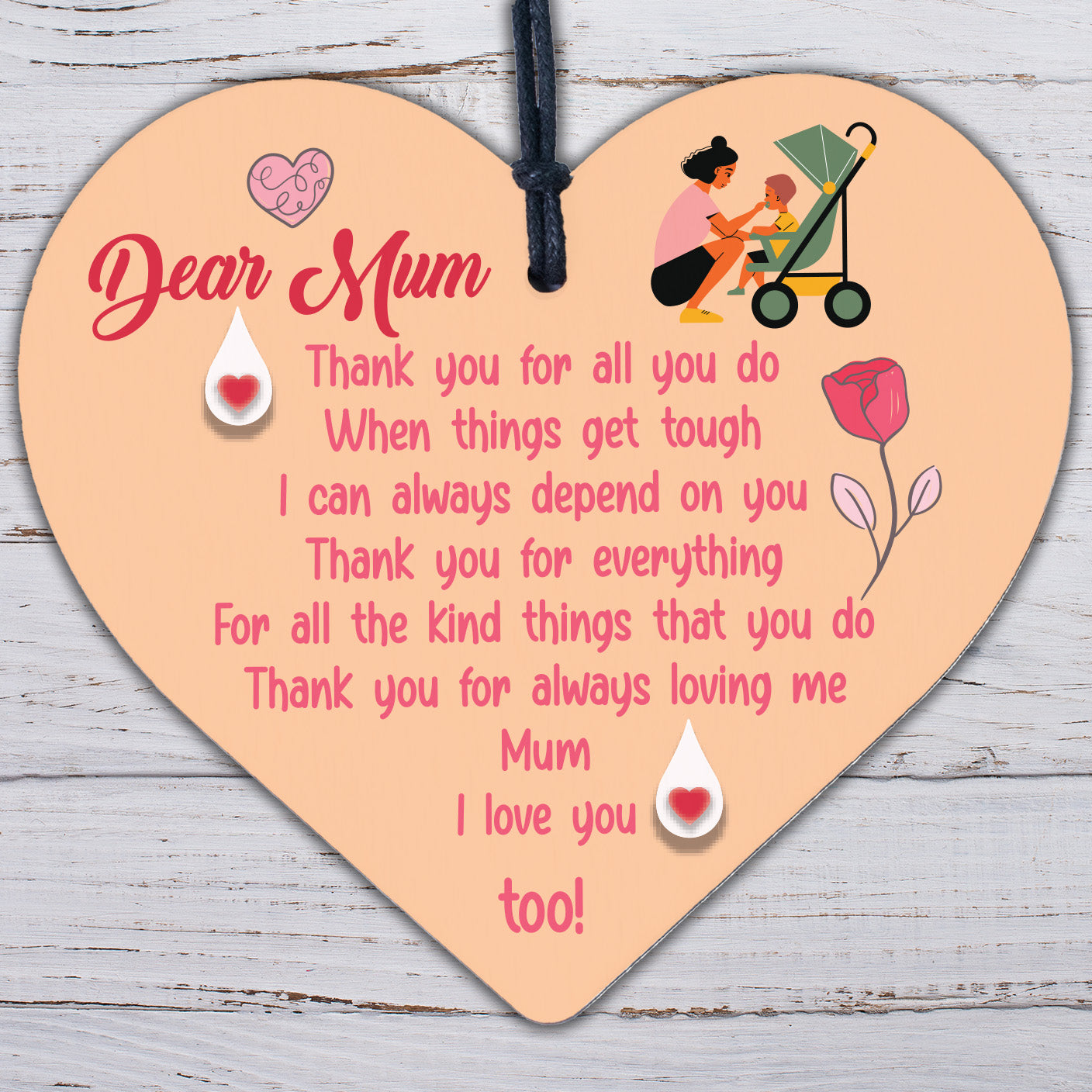 Mum Gift For Mothers Day Birthday I Love You Gift Wooden Hanging Heart Keepsake