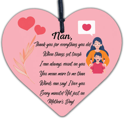 Mothers Day Gift For Nan Wood Heart Thank You Gift For Nan Mother's Day Gifts