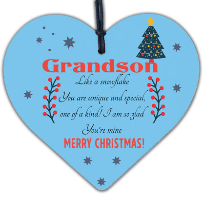 Grandson Christmas Ornament Bauble Wooden Heart Keepsake Gift From Grandparents