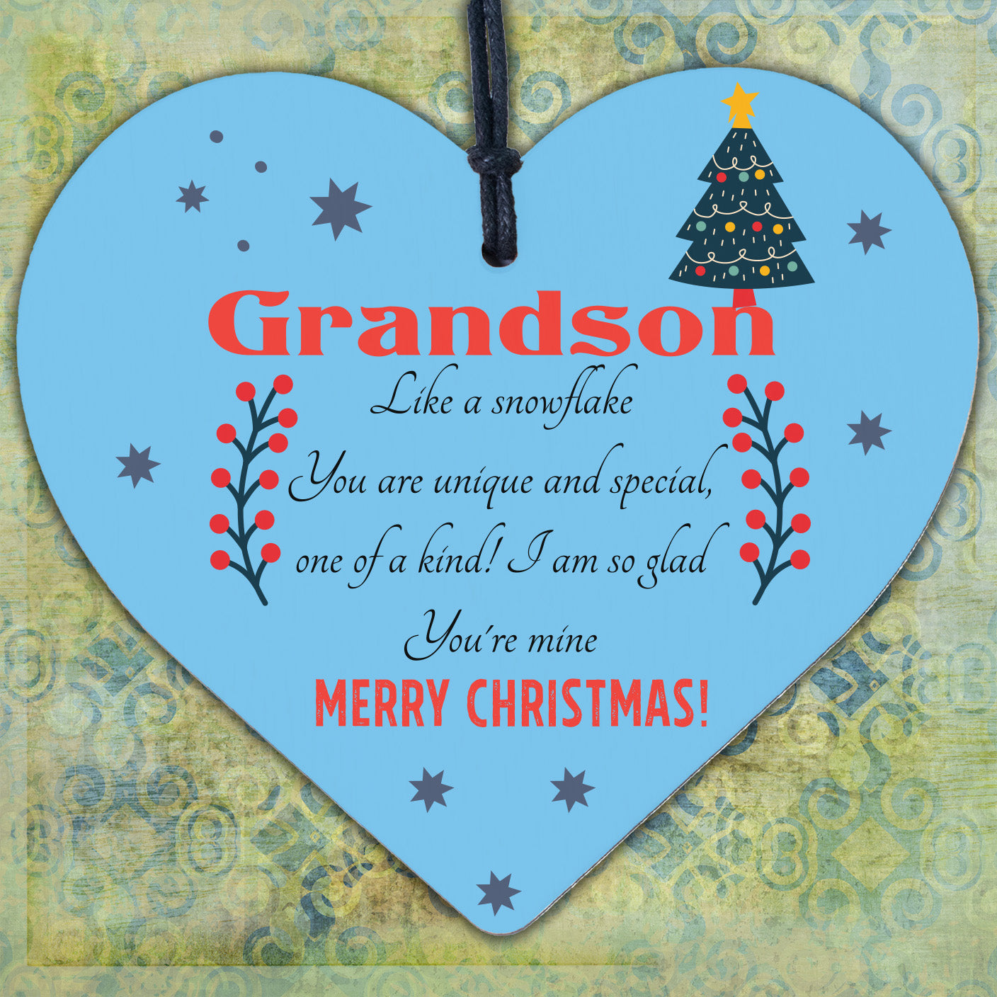 Grandson Christmas Ornament Bauble Wooden Heart Keepsake Gift From Grandparents