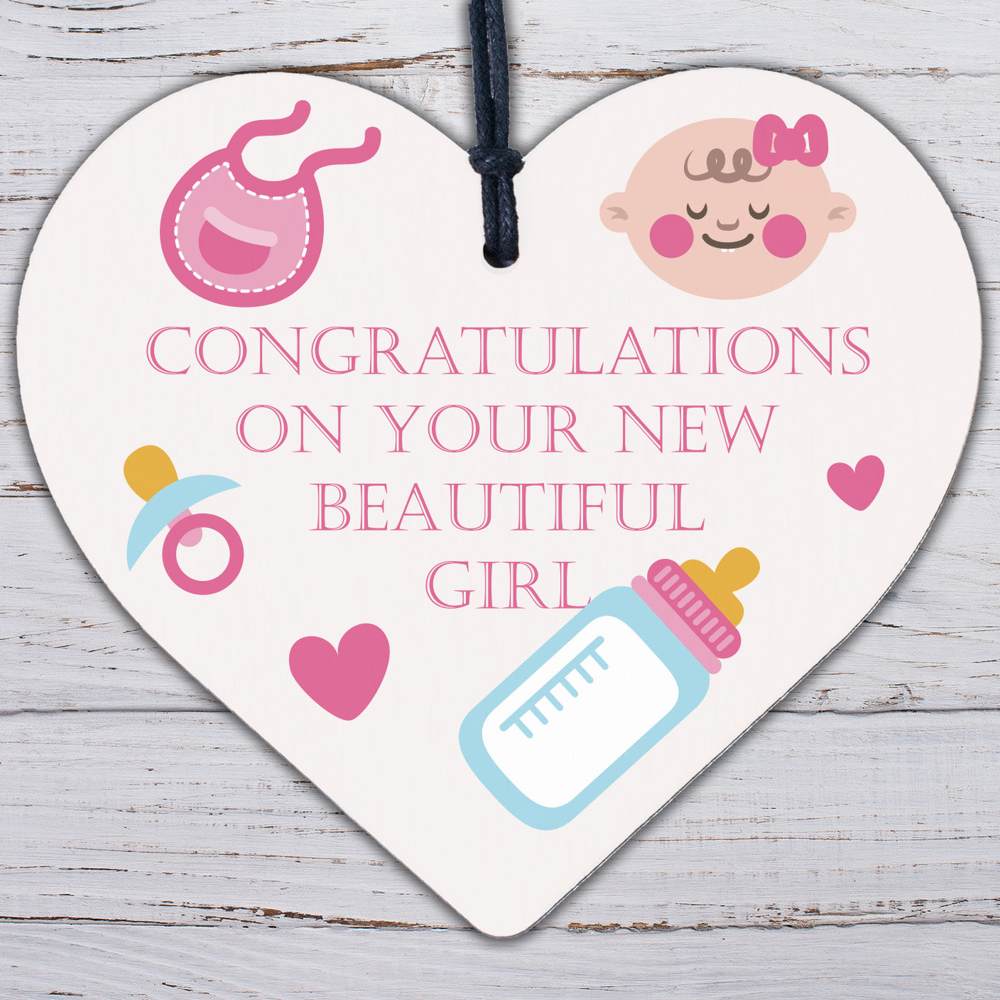 Newborn Baby Girl Gift Present Christening Baby Shower Keepsake Wooden Heart