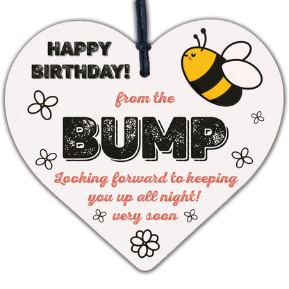 Happy Birthday From Bump Wooden Heart Dad Mum Funny Card Pregnancy Baby Gift